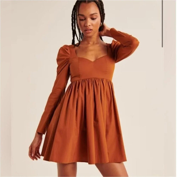 Abercrombie  & Fitch Poplin Babydoll Long Sleeve Dress Burnt Orange Small Petite - Picture 1 of 8